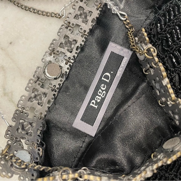 Vintage-style Black beaded evening purse with silver and rhinestone detail. - Picture 3 of 5